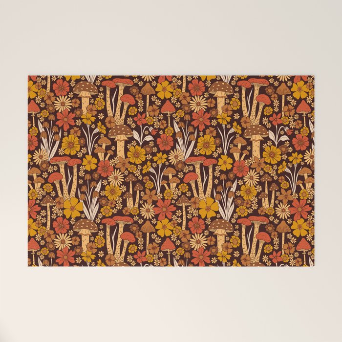 Retro 1970s Brown & Orange Mushrooms & Flowers Welcome Mat Gallery Image 1