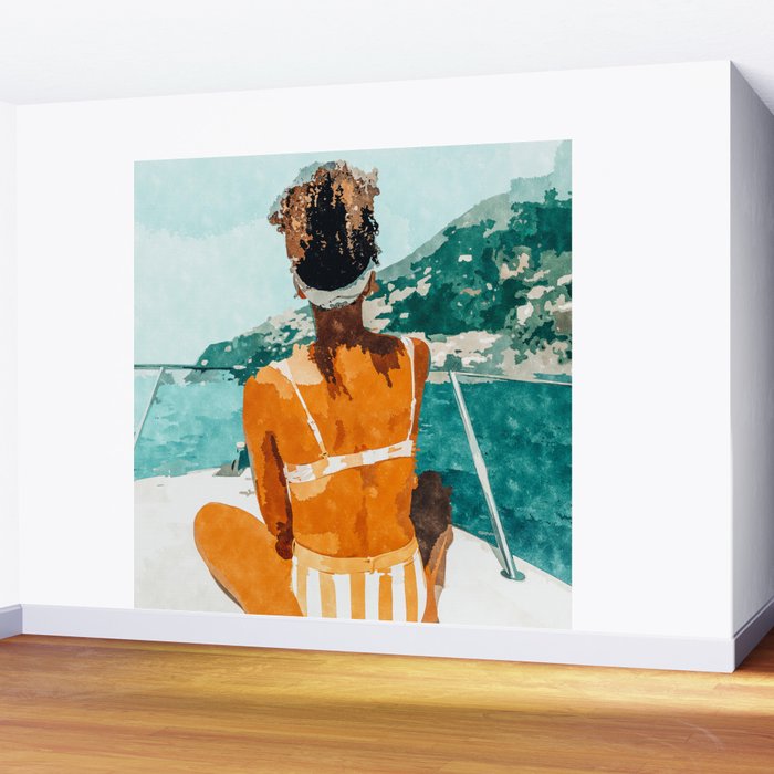 Solo Traveler, Watercolor Black Woman Painting, Travel Tropical Summer Illustration Wall Mural Gallery Image 2