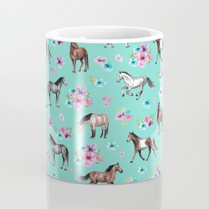 Hand drawn horses, Flower horses, Floral Pattern, Aqua Blue Coffee Mug Gallery Image 4