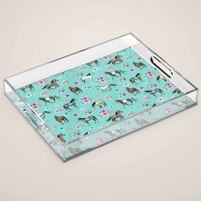 Hand drawn horses, Flower horses, Floral Pattern, Aqua Blue Acrylic Tray Gallery Image 1