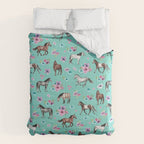 Hand drawn horses, Flower horses, Floral Pattern, Aqua Blue Comforter Gallery Image 6