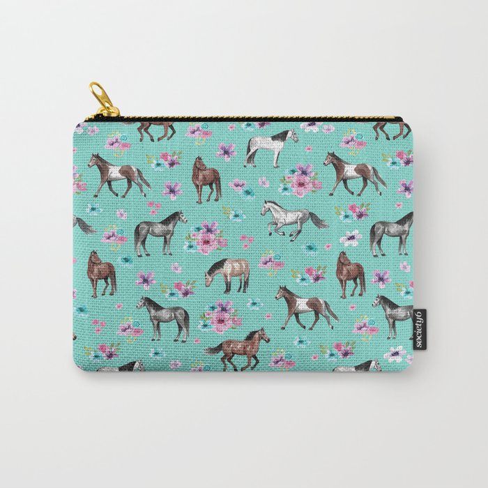 Hand drawn horses, Flower horses, Floral Pattern, Aqua Blue Carry All Pouch Gallery Image 1