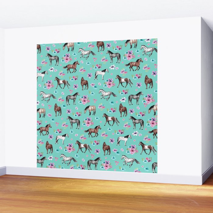 Hand drawn horses, Flower horses, Floral Pattern, Aqua Blue Wall Mural Gallery Image 2