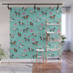 Hand drawn horses, Flower horses, Floral Pattern, Aqua Blue Wall Mural Gallery Image 1
