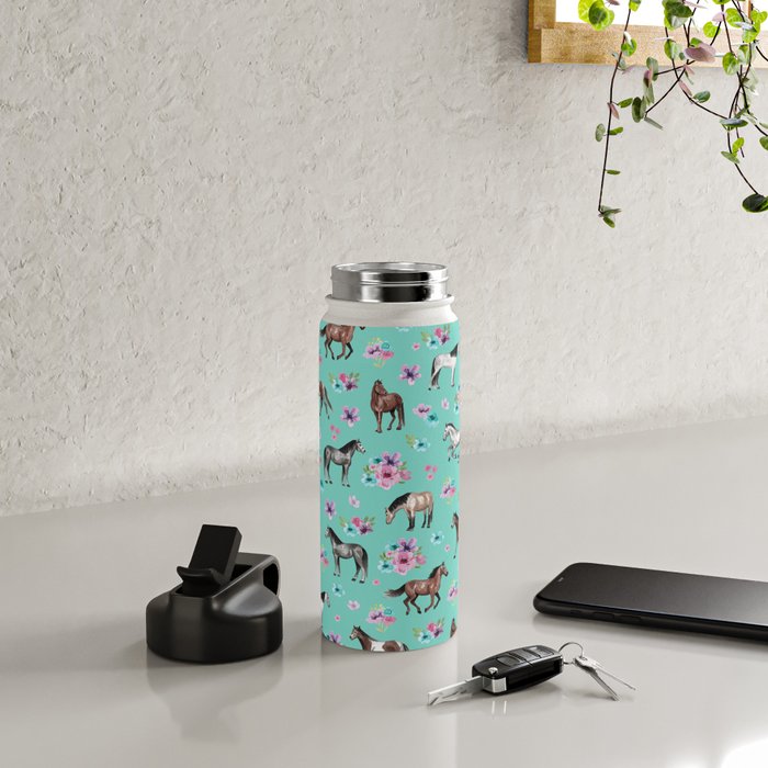 Hand drawn horses, Flower horses, Floral Pattern, Aqua Blue Water Bottle Gallery Image 4
