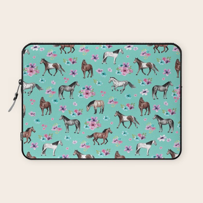 Hand drawn horses, Flower horses, Floral Pattern, Aqua Blue Laptop Sleeve Gallery Image 1