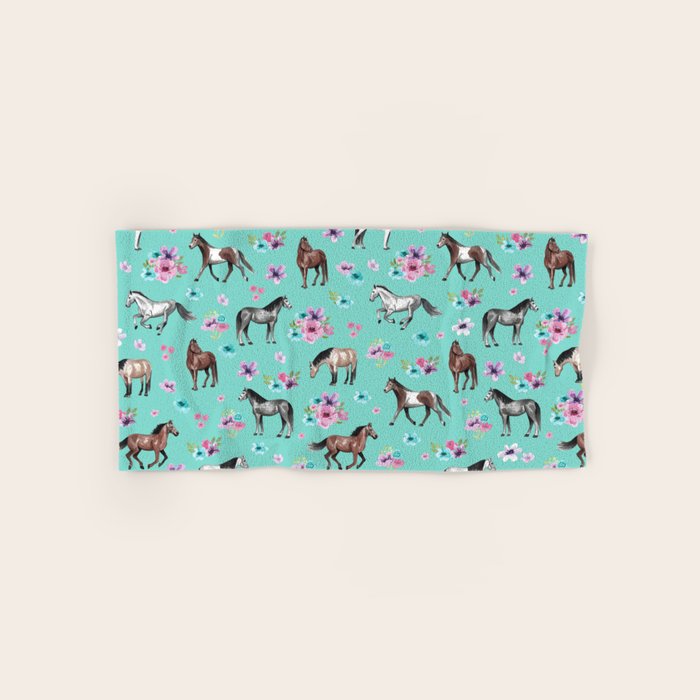 Hand drawn horses, Flower horses, Floral Pattern, Aqua Blue Bath Towel Gallery Image 1