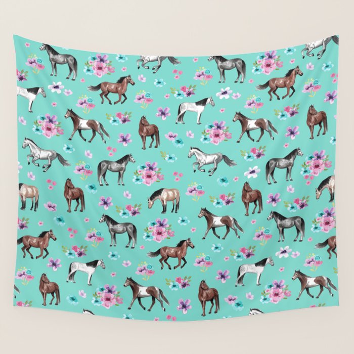 Hand drawn horses, Flower horses, Floral Pattern, Aqua Blue Wall Tapestry Gallery Image 4