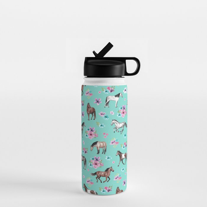 Hand drawn horses, Flower horses, Floral Pattern, Aqua Blue Water Bottle