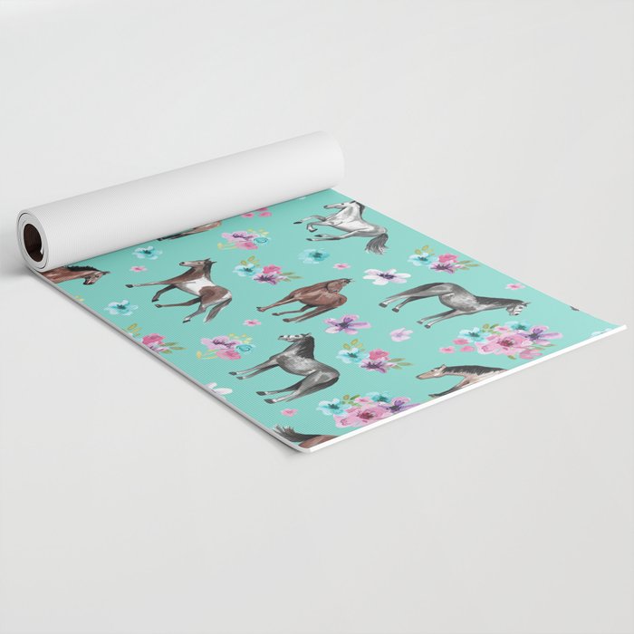 Hand drawn horses, Flower horses, Floral Pattern, Aqua Blue Yoga Mat Gallery Image 2