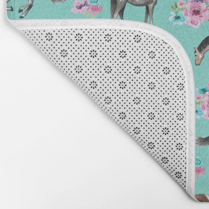 Hand drawn horses, Flower horses, Floral Pattern, Aqua Blue Bath Mat Gallery Image 2