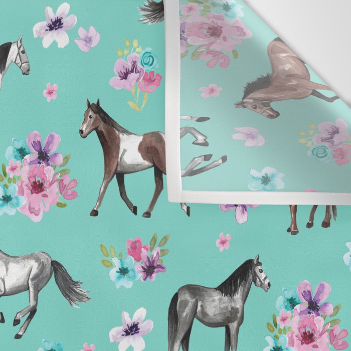 Hand drawn horses, Flower horses, Floral Pattern, Aqua Blue Wall Tapestry Gallery Image 3
