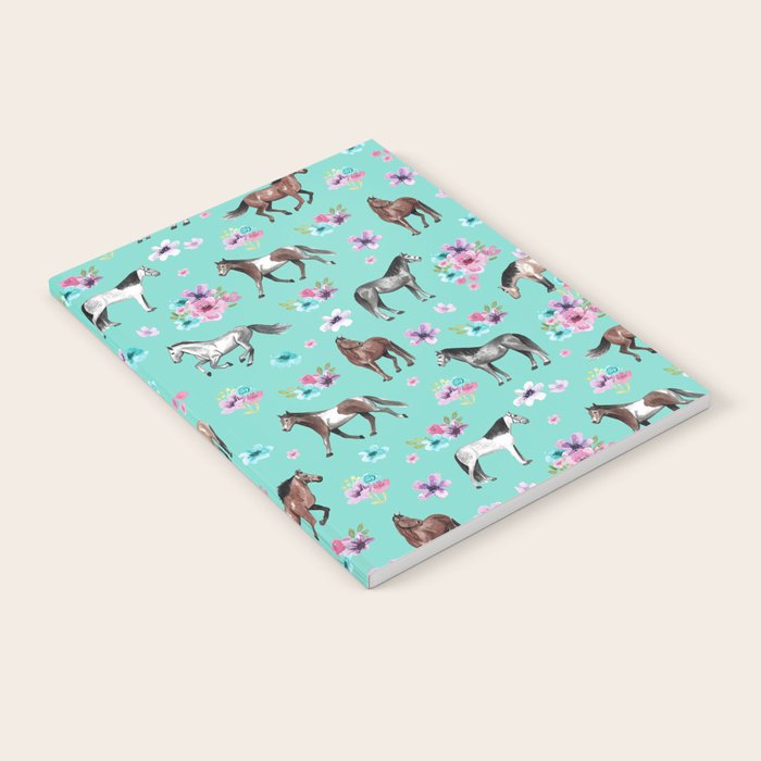 Hand drawn horses, Flower horses, Floral Pattern, Aqua Blue Notebook Gallery Image 1