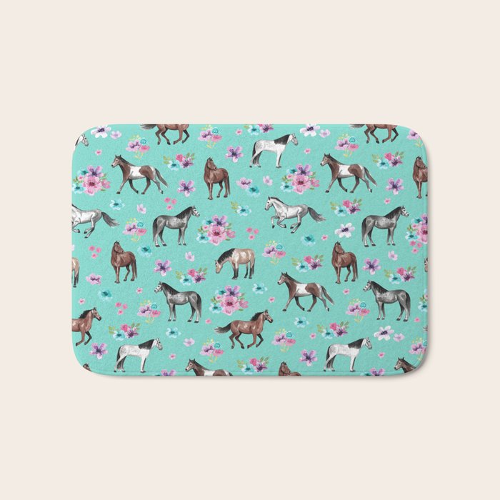 Hand drawn horses, Flower horses, Floral Pattern, Aqua Blue Bath Mat Gallery Image 1