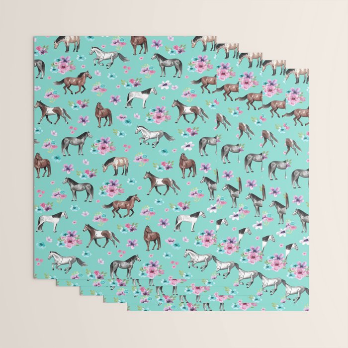 Hand drawn horses, Flower horses, Floral Pattern, Aqua Blue Wrapping Paper Gallery Image 3