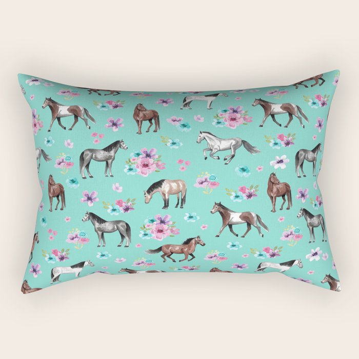 Hand drawn horses, Flower horses, Floral Pattern, Aqua Blue Rectangular Pillow Gallery Image 2