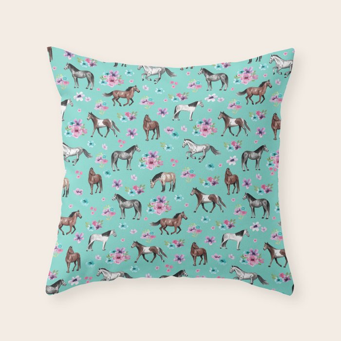 Hand drawn horses, Flower horses, Floral Pattern, Aqua Blue Throw Pillow Gallery Image 1