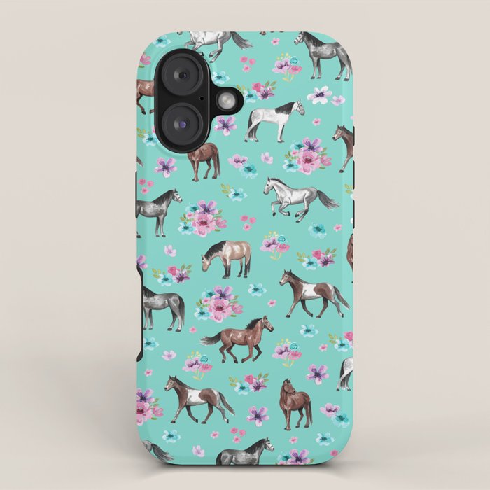 Hand drawn horses, Flower horses, Floral Pattern, Aqua Blue iPhone Case Gallery Image 1