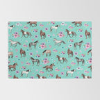 Hand drawn horses, Flower horses, Floral Pattern, Aqua Blue Rug Gallery Image 2