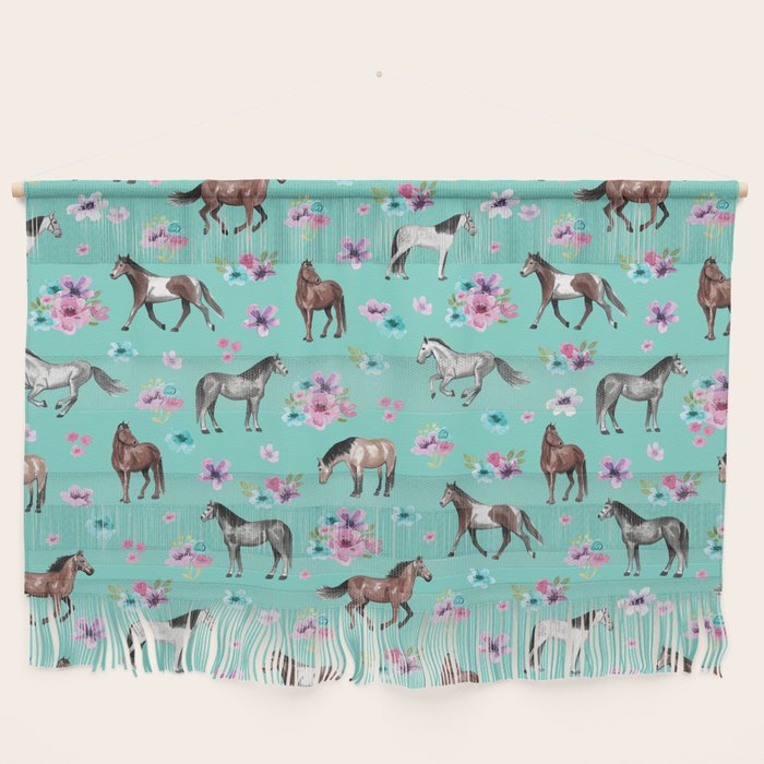 Hand drawn horses, Flower horses, Floral Pattern, Aqua Blue Wall Hanging Gallery Image 1