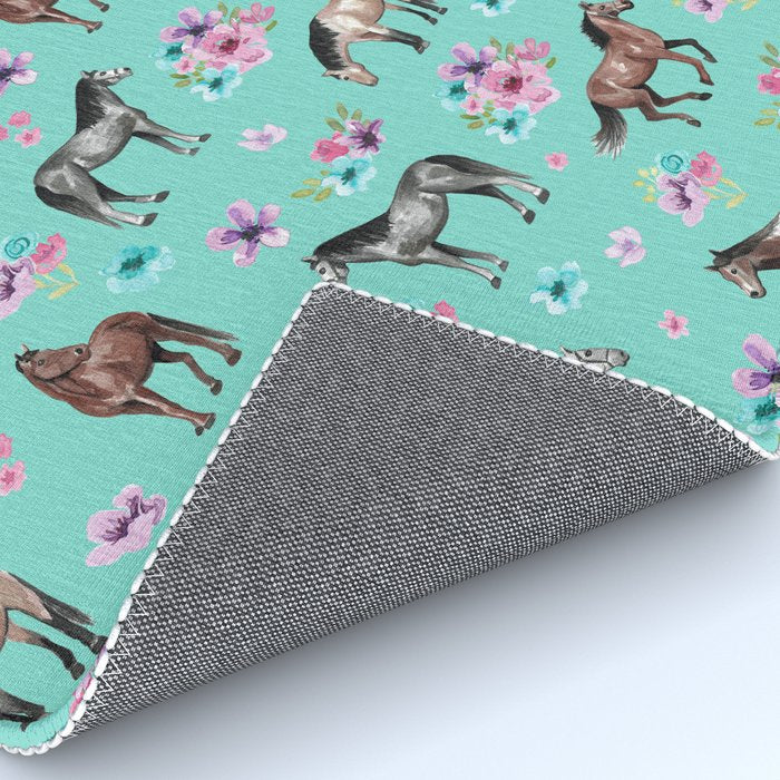 Hand drawn horses, Flower horses, Floral Pattern, Aqua Blue Rug Gallery Image 4