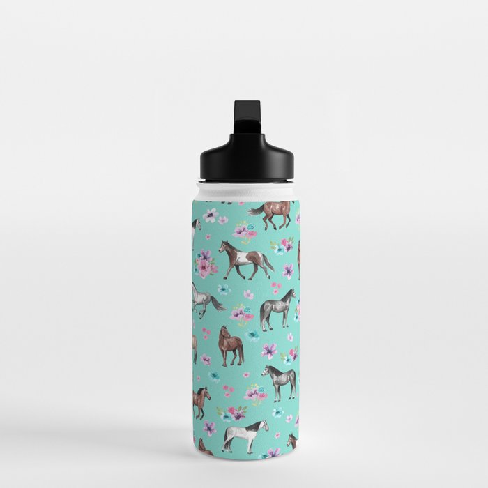 Hand drawn horses, Flower horses, Floral Pattern, Aqua Blue Water Bottle Gallery Image 3