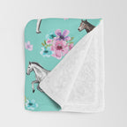 Hand drawn horses, Flower horses, Floral Pattern, Aqua Blue Throw Blanket Gallery Image 3