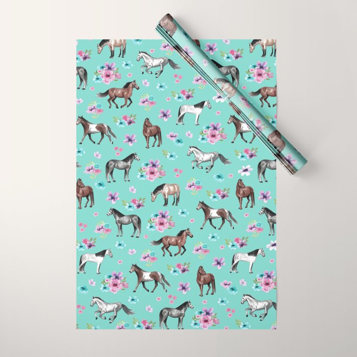 Hand drawn horses, Flower horses, Floral Pattern, Aqua Blue Wrapping Paper Gallery Image 1