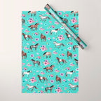 Hand drawn horses, Flower horses, Floral Pattern, Aqua Blue Wrapping Paper Gallery Image 1