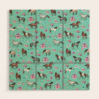 Hand drawn horses, Flower horses, Floral Pattern, Aqua Blue Wood Wall Art Gallery Image 1