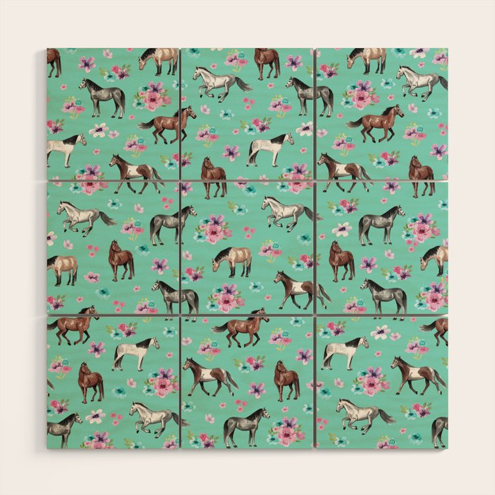 Hand drawn horses, Flower horses, Floral Pattern, Aqua Blue Wood Wall Art Gallery Image 1