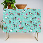 Hand drawn horses, Flower horses, Floral Pattern, Aqua Blue Credenza Gallery Image 1