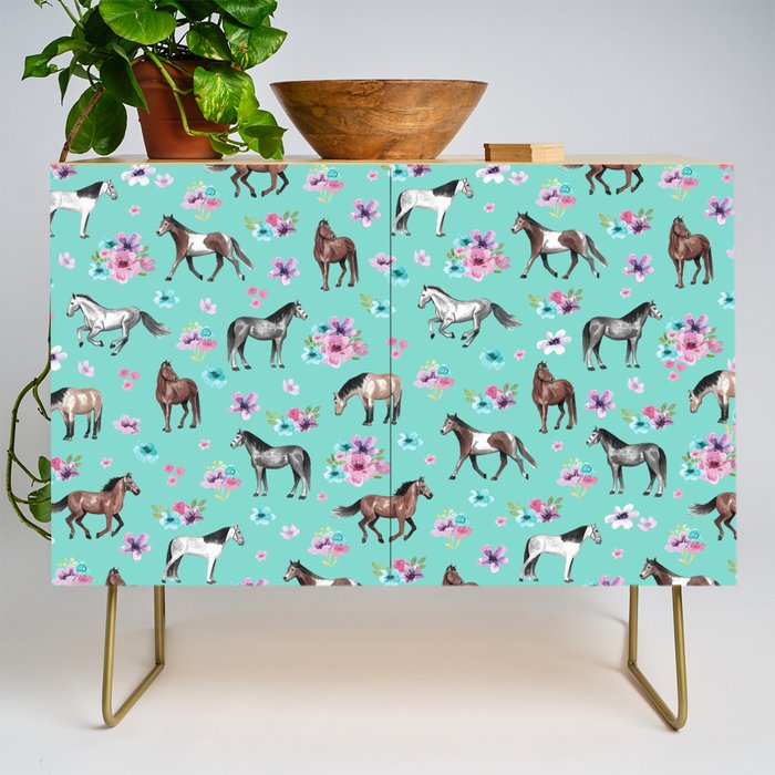 Hand drawn horses, Flower horses, Floral Pattern, Aqua Blue Credenza Gallery Image 1