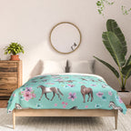 Hand drawn horses, Flower horses, Floral Pattern, Aqua Blue Comforter Gallery Image 3