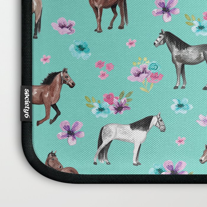 Hand drawn horses, Flower horses, Floral Pattern, Aqua Blue Laptop Sleeve Gallery Image 3