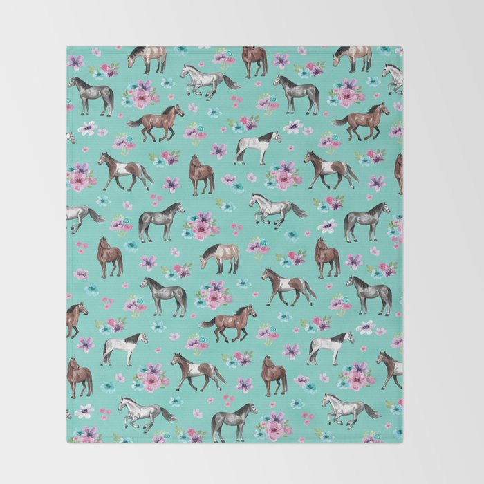Hand drawn horses, Flower horses, Floral Pattern, Aqua Blue Throw Blanket Gallery Image 2
