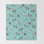 Hand drawn horses, Flower horses, Floral Pattern, Aqua Blue Throw Blanket Gallery Image 2