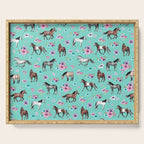 Hand drawn horses, Flower horses, Floral Pattern, Aqua Blue Serving Tray Gallery Image 1