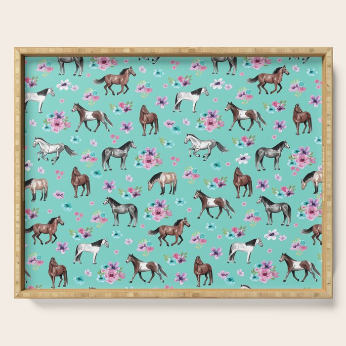 Hand drawn horses, Flower horses, Floral Pattern, Aqua Blue Serving Tray Gallery Image 1