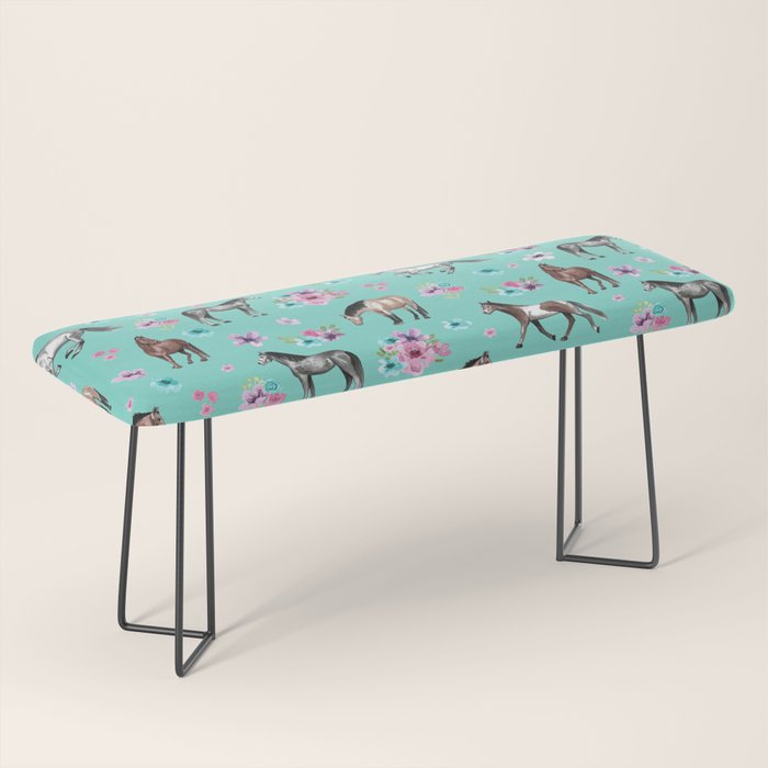 Hand drawn horses, Flower horses, Floral Pattern, Aqua Blue Bench Gallery Image 1