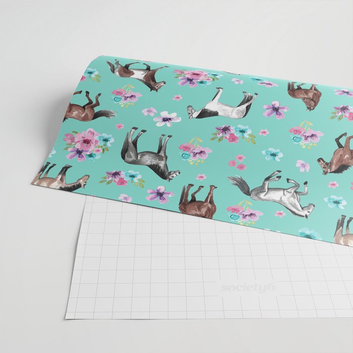 Hand drawn horses, Flower horses, Floral Pattern, Aqua Blue Wrapping Paper Gallery Image 2