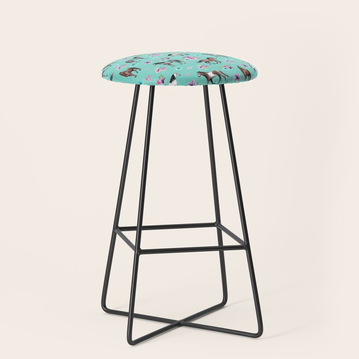 Hand drawn horses, Flower horses, Floral Pattern, Aqua Blue Stool Gallery Image 1