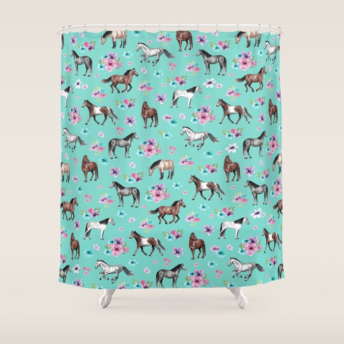 Hand drawn horses, Flower horses, Floral Pattern, Aqua Blue Shower Curtain Gallery Image 1