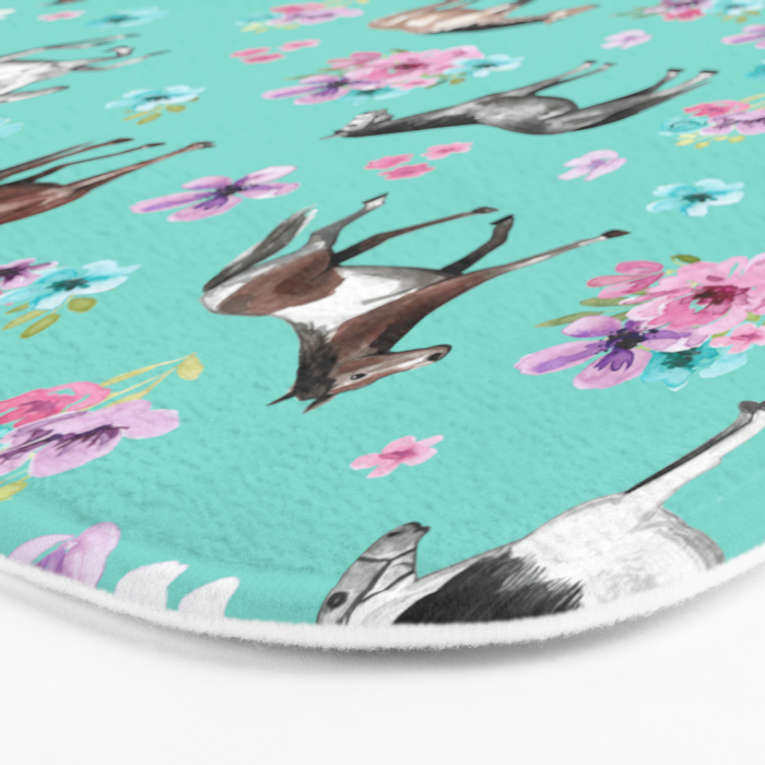 Hand drawn horses, Flower horses, Floral Pattern, Aqua Blue Bath Mat Gallery Image 3