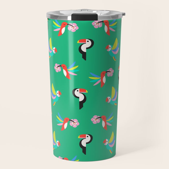 Happy Tropical Jungle Birds Toucan Hummingbird Parrot Green Travel Mug Gallery Image 1