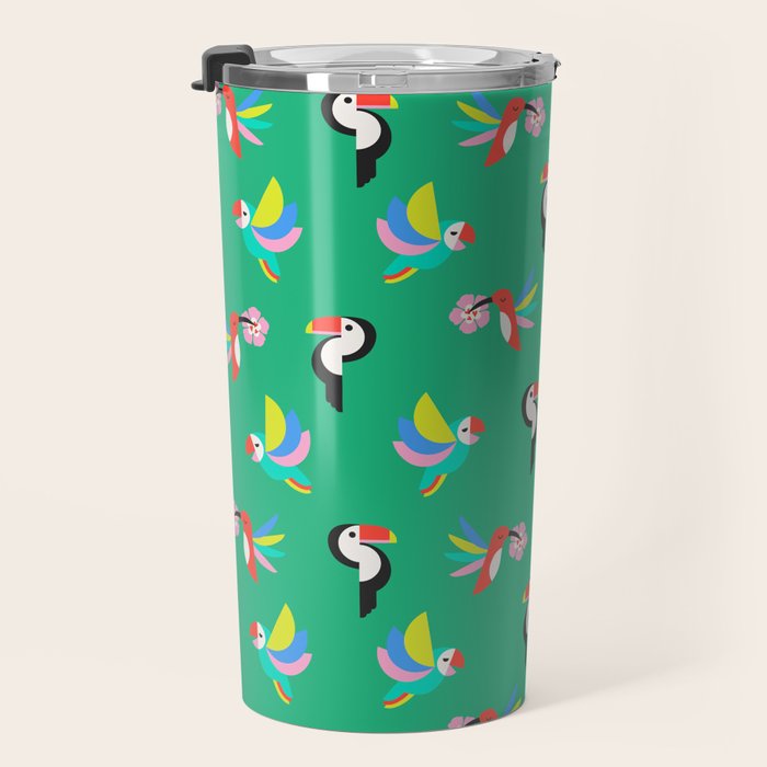 Happy Tropical Jungle Birds Toucan Hummingbird Parrot Green Travel Mug Gallery Image 3