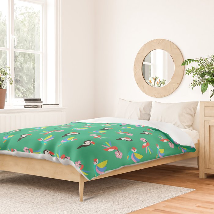 Happy Tropical Jungle Birds Toucan Hummingbird Parrot Green Duvet Cover Gallery Image 2