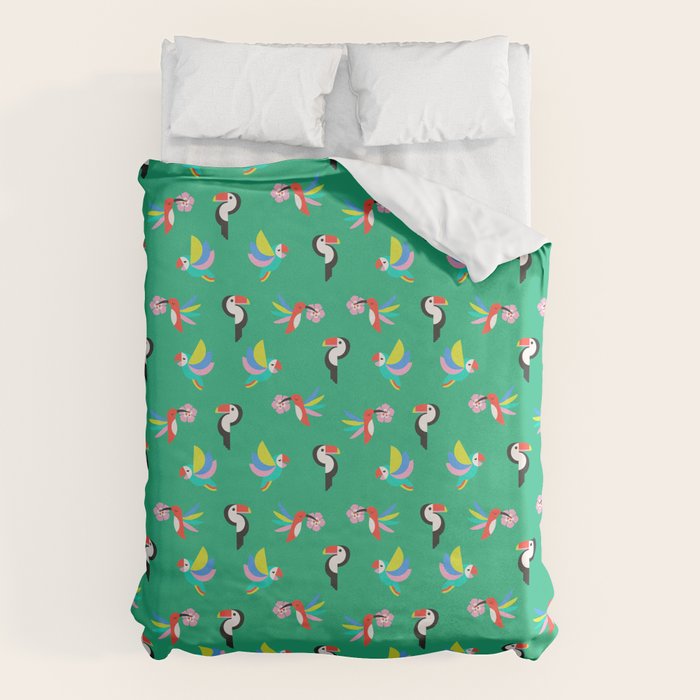 Happy Tropical Jungle Birds Toucan Hummingbird Parrot Green Duvet Cover Gallery Image 1