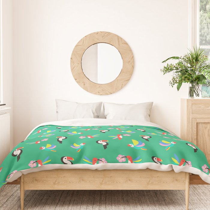 Happy Tropical Jungle Birds Toucan Hummingbird Parrot Green Duvet Cover Gallery Image 3