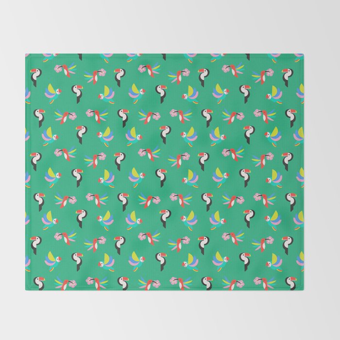 Happy Tropical Jungle Birds Toucan Hummingbird Parrot Green Throw Blanket Gallery Image 2